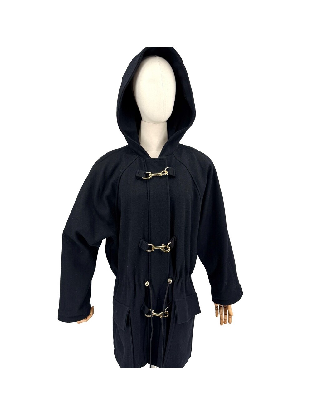Vintage 90s Otello Pelle Black Wool Hooded Toggle Coat